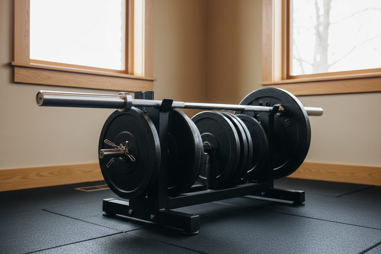 Olympic weight set from a low three-quarter angle