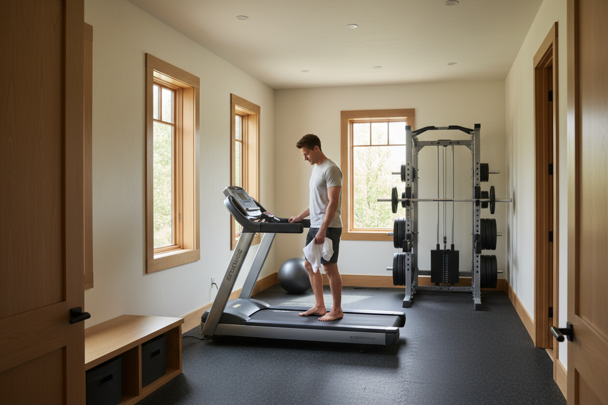 Calm post-workout scene in a warm home gym