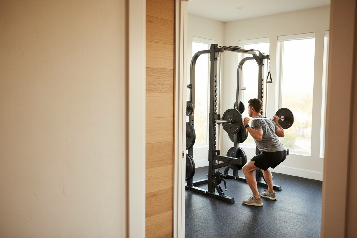 Man using a Smith machine with left-side space for slideshow copy