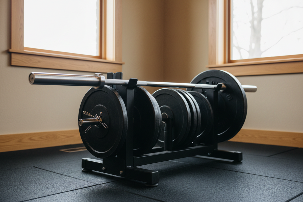 Olympic weight set from a low three-quarter angle