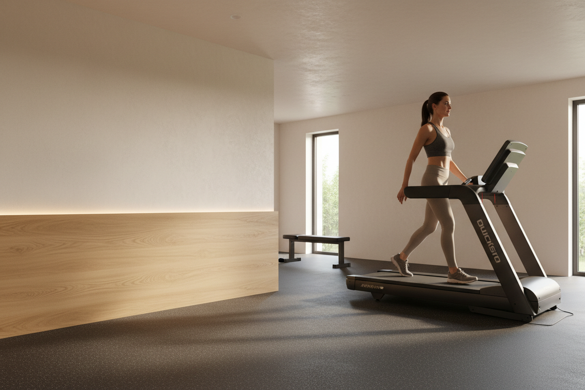 Woman walking on treadmill with left-side space for slideshow copy